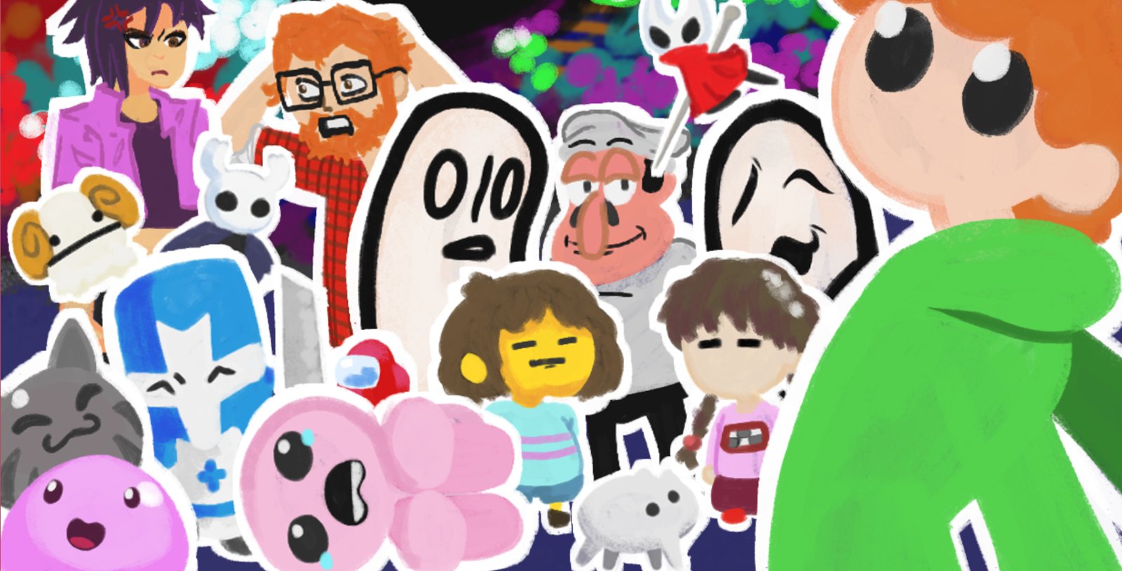 Commissioned YouTube thumbnail art for RadHead: a crowd of video game characters in a soft, painterly sticker style