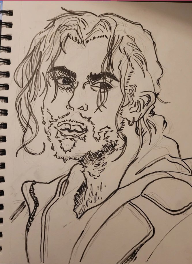 Ink sketch portrait of Xander Serpa with crosshatched shading