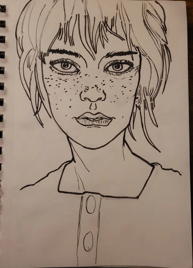 Ink portrait of Sophie Thatcher with freckles and a buttoned collar