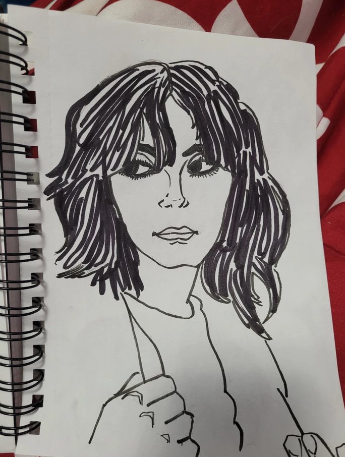 Bold marker portrait of Ella Purnell with shoulder-length dark hair
