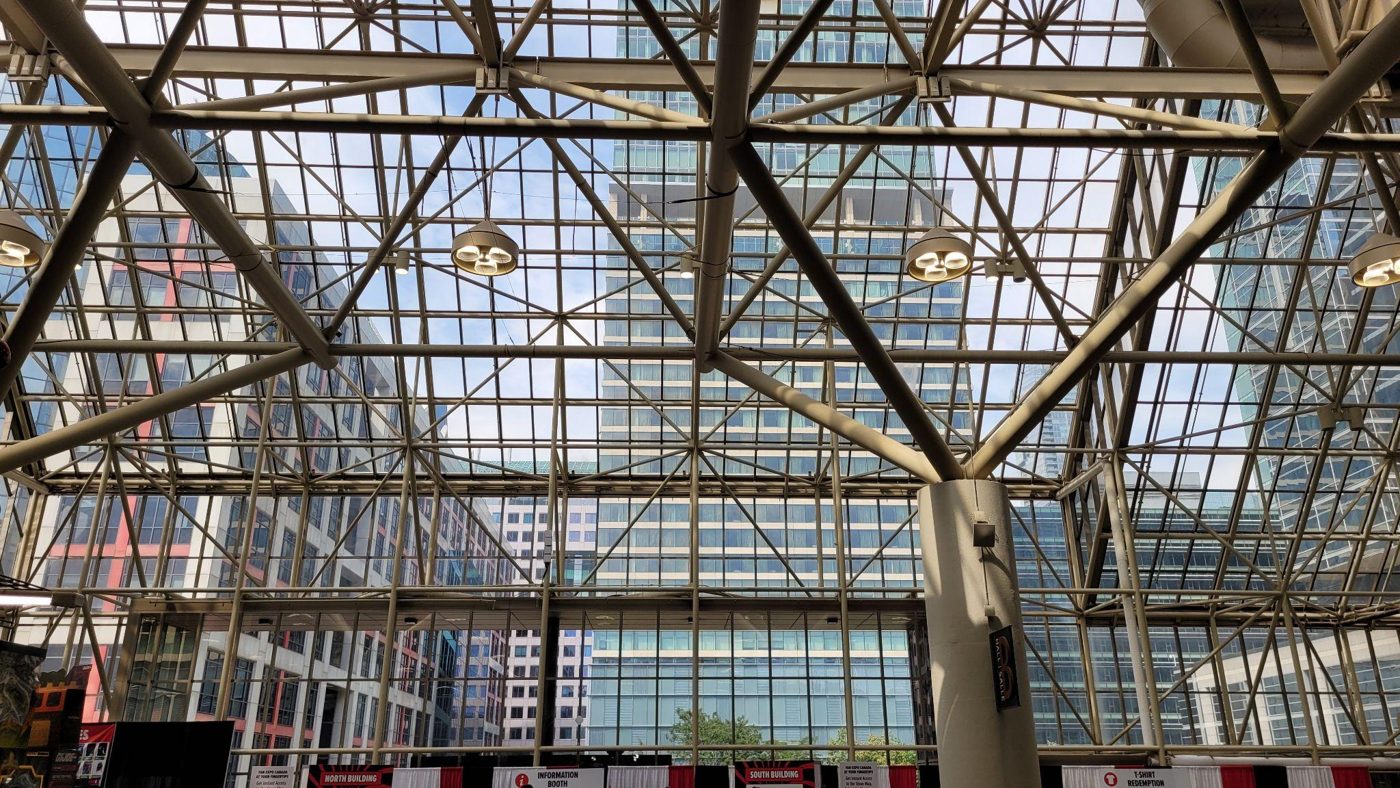 Looking up through a steel and glass atrium roof