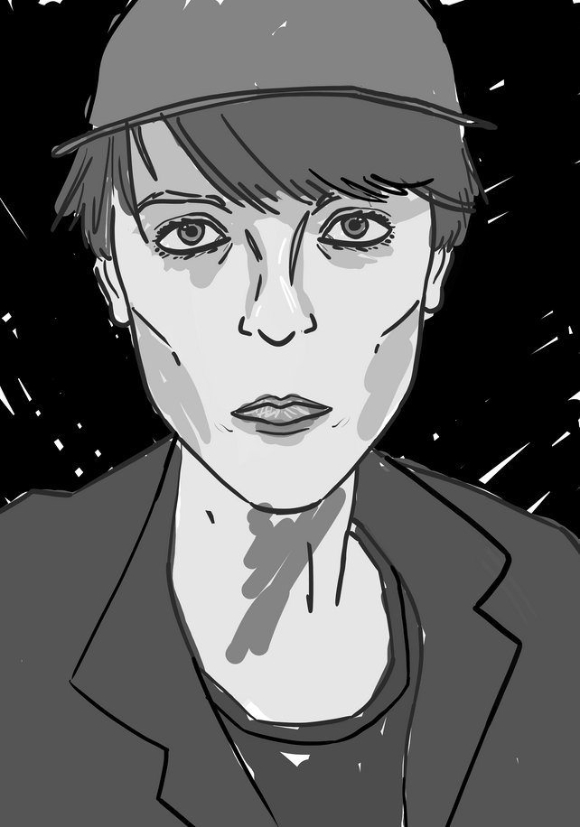 Alex's digital self-portrait in greyscale, wearing a cap, against a black background with white streaks