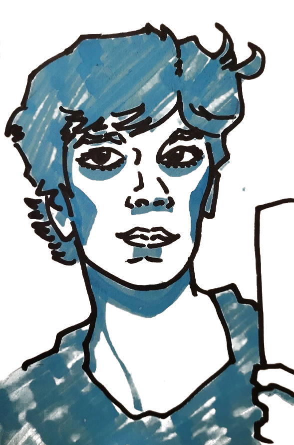 Alex's self-portrait in black marker with blue fill